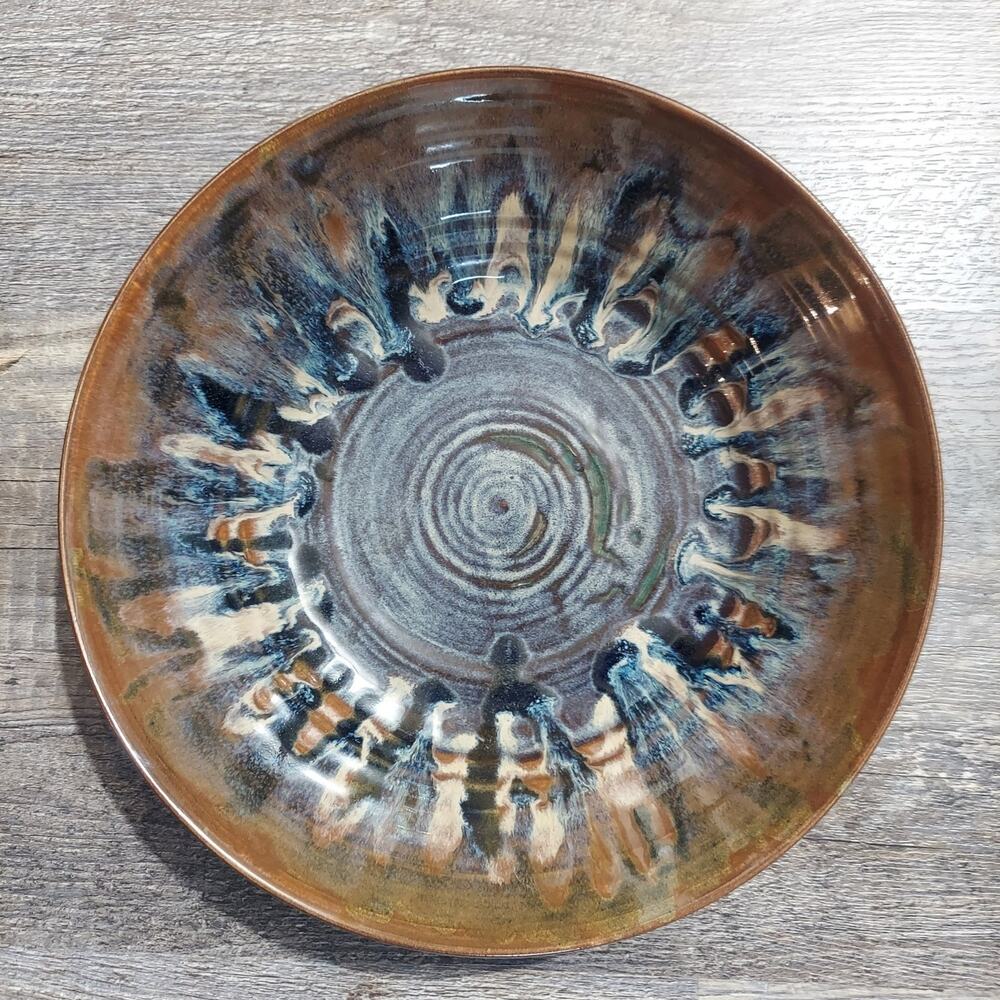 Late 20th Century Signed Studio Pottery 11 3/8" Bowl Blue Drip Glaze